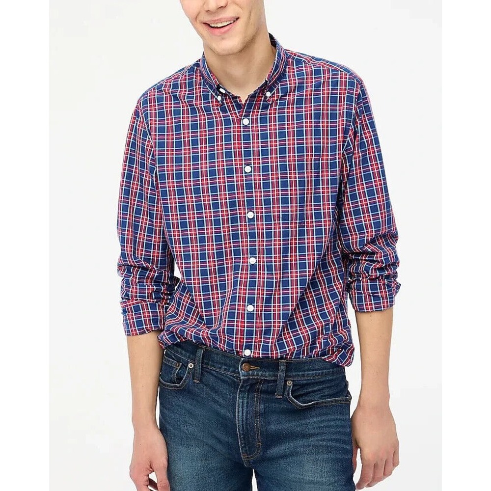 J Crew Shirt Mens XL Blue Red Check Slim Stretch Secret Wash Organic Cotton